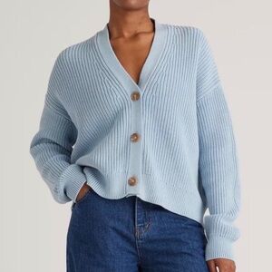 Quince Organic Cotton Fisherman Cardigan Size Small Chunky Knit Sky Blue Sweater